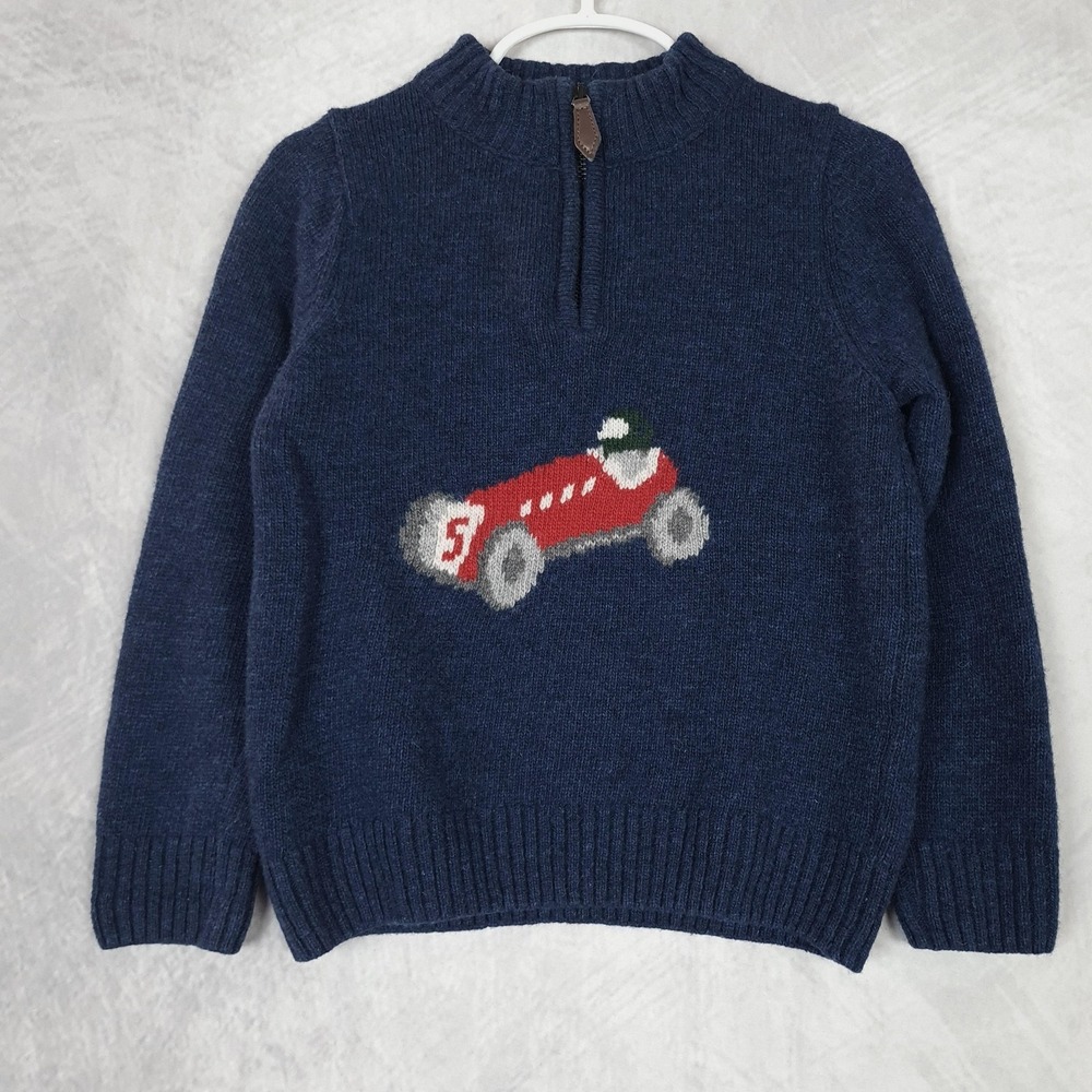 Chelsea Clothing Co Sweater Boys 4/5 Blue Wool Race Car Graphic 1/4 Zip Racing